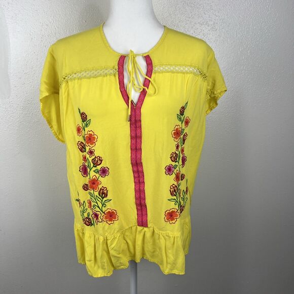 The Pioneer Woman Blouse Women Extra Large Yellow Pink Floral Embroider Boho Top - Picture 7 of 13